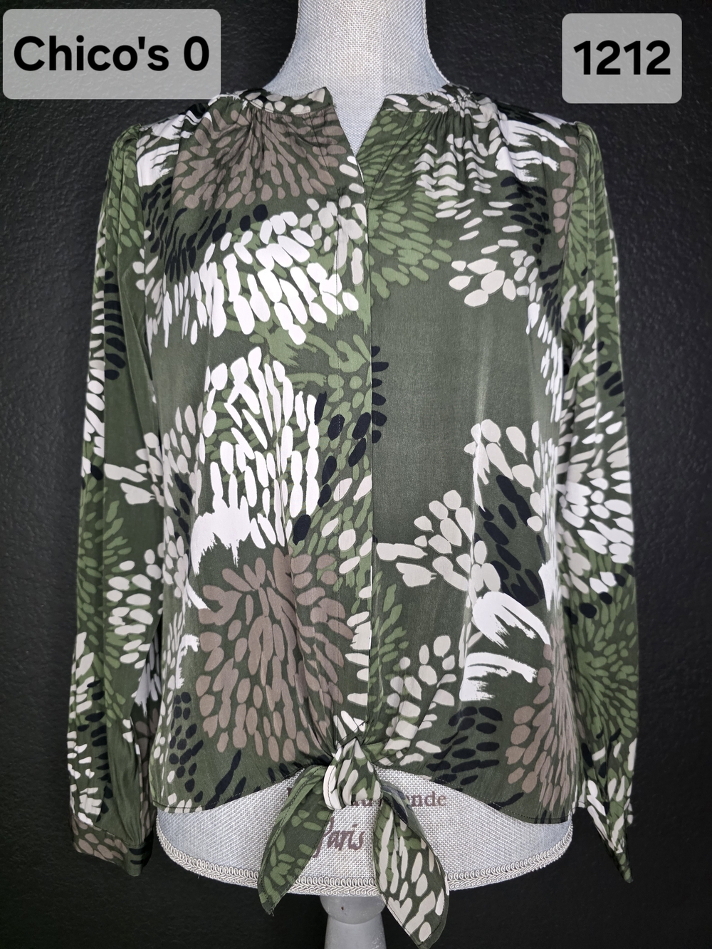 Chico's Olive Green Floral Tie-Front Blouse